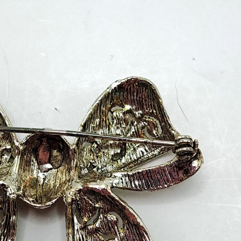 Vintage‎ Silver Tone Bow Brooch Marcasite Style Rhinestone Filigree Pin 2.5